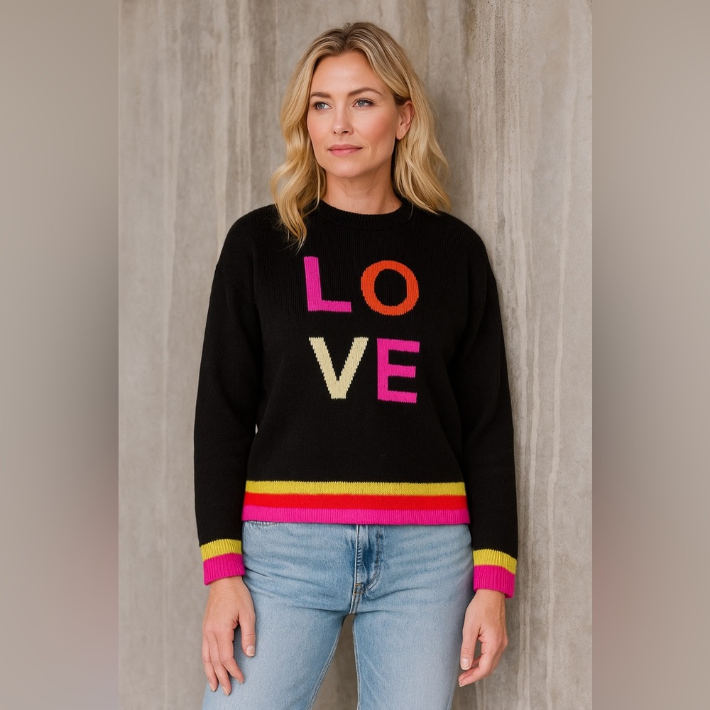 The Tellier LOVE Graphic Knit Sweater Black Rainbow Stripe Women’s Small - Picture 2 of 8